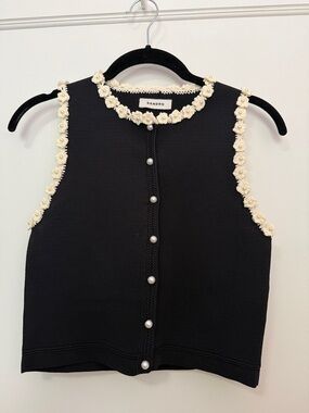 Sandro Black Knit Tank with Cream Floral Trim and Pearl Buttons